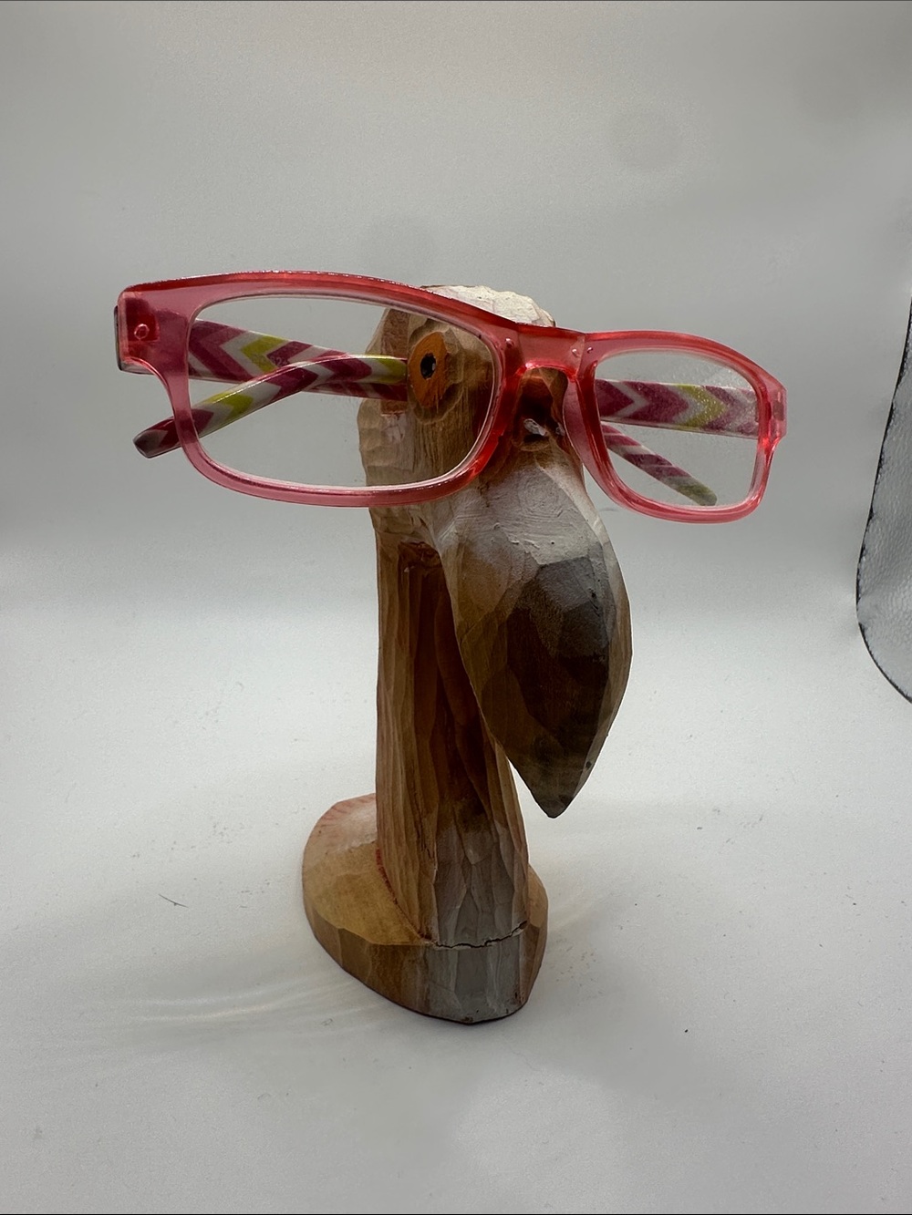 Pink Reading Glasses with Chevron Temples - & wooden flamingo holder